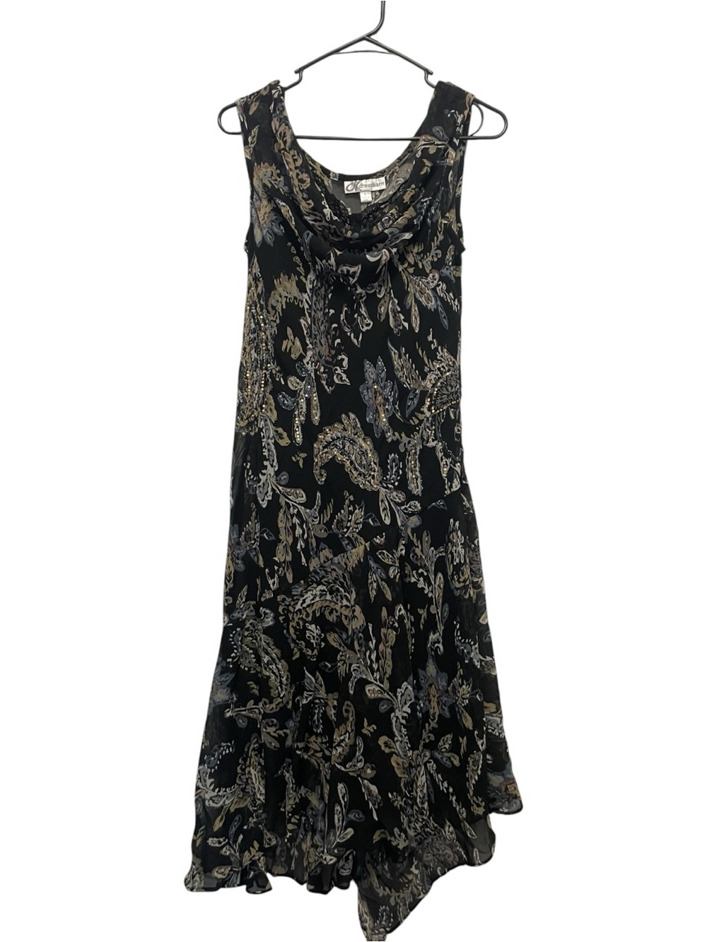 VTG Dressbarn Women's Black Paisley Sequin Cowl Handkerchief Hem Midi Dress Sz L